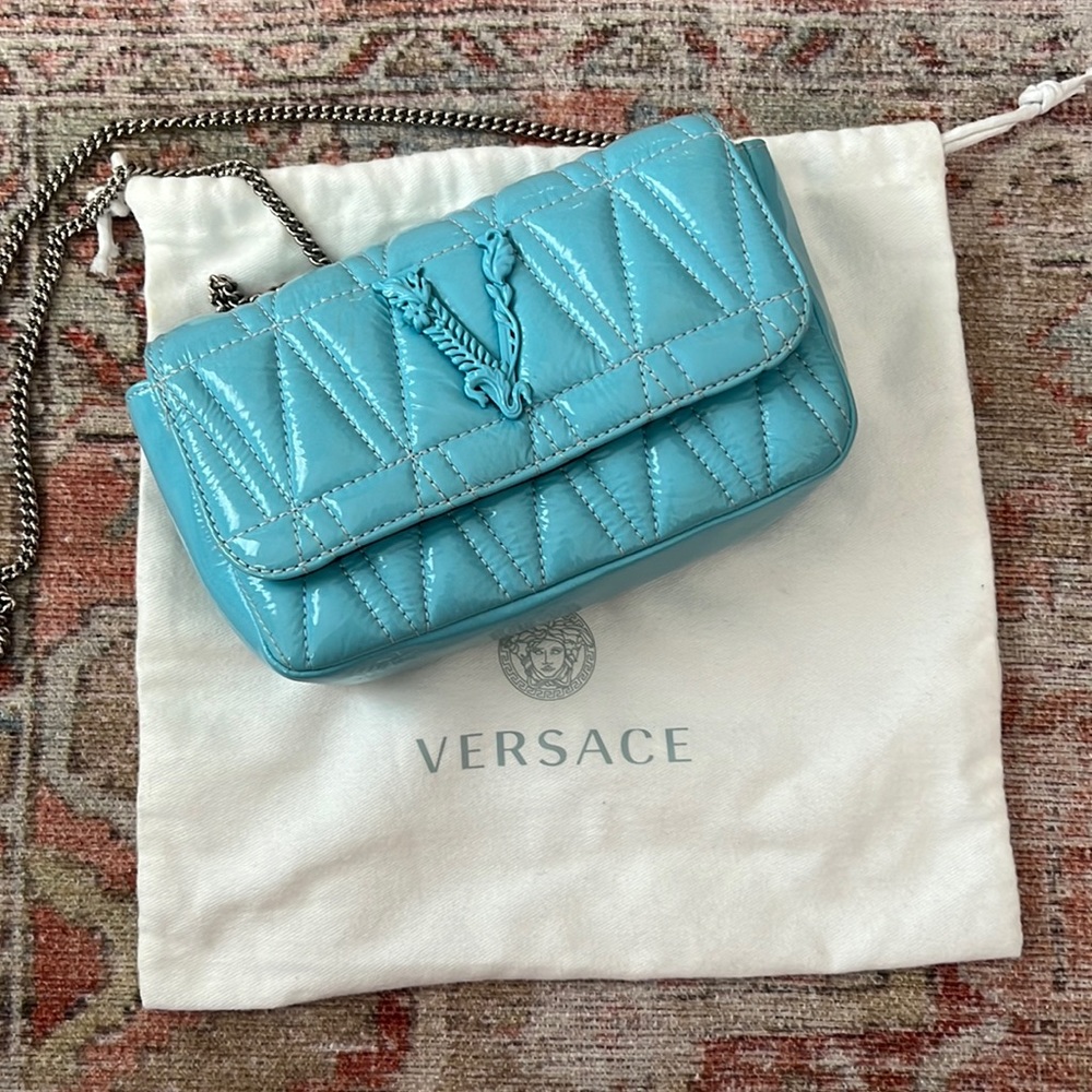 Versace Turquoise Quilted Patent Leather Chain Crossbody Bag